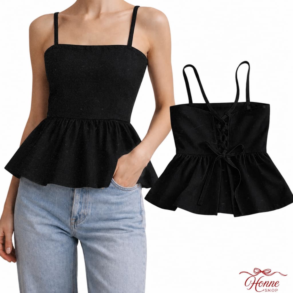 Blusa Feminina Preta Linho Elegante Costas Abertas Peplum Decote Quadrado