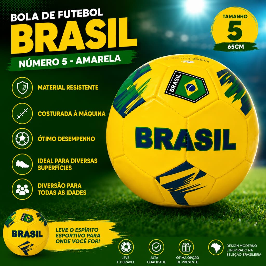 Bola de Futebol Brasil Nº 5 Amarela Oficial – Costurada à Máquina | Vinil Resistente | Ideal para Treinos, Lazer e Recre