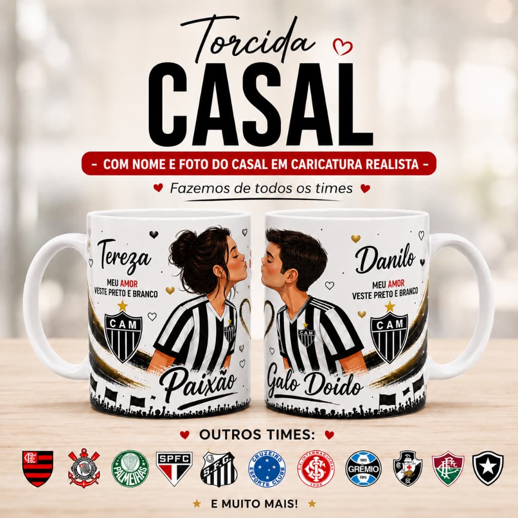 Caneca Porcelana Personalizada Casal Torcida Namorados COM NOME - 325ml