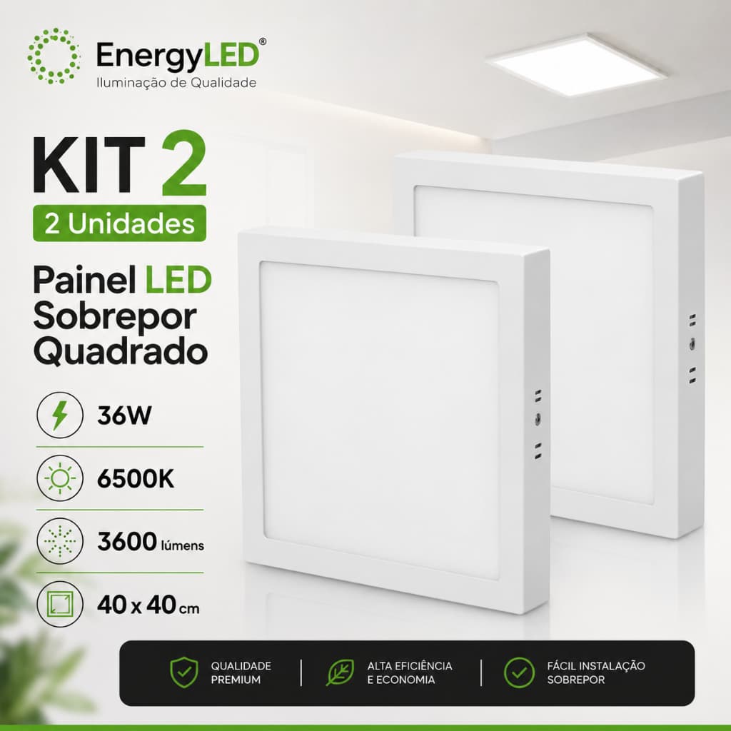 Painel LED Sobrepor 36W 40x40 Quadrado Kit 2 3 ou 5 Unidades Branco Frio 6500K Bivolt EnergyLED
