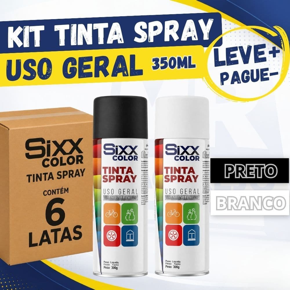 Kit Tinta Spray Uso Geral Sixx Color Branco ou Preto Brilhante Brilho e Fosco 350ml Secagem Rápida