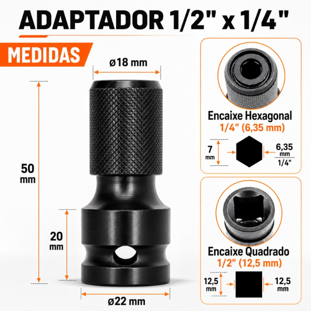 Adaptador 1/2 Para 1/4 Bits Chave de Impacto Soquete Sextavado Aço Reforçado Profissional