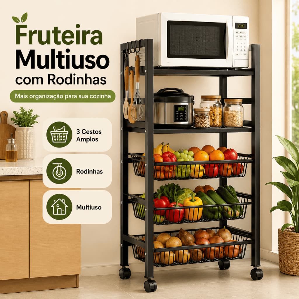 Fruteira Multiuso com Rodinhas – Estante Organizador, Cestos, Suporte para Micro-ondas