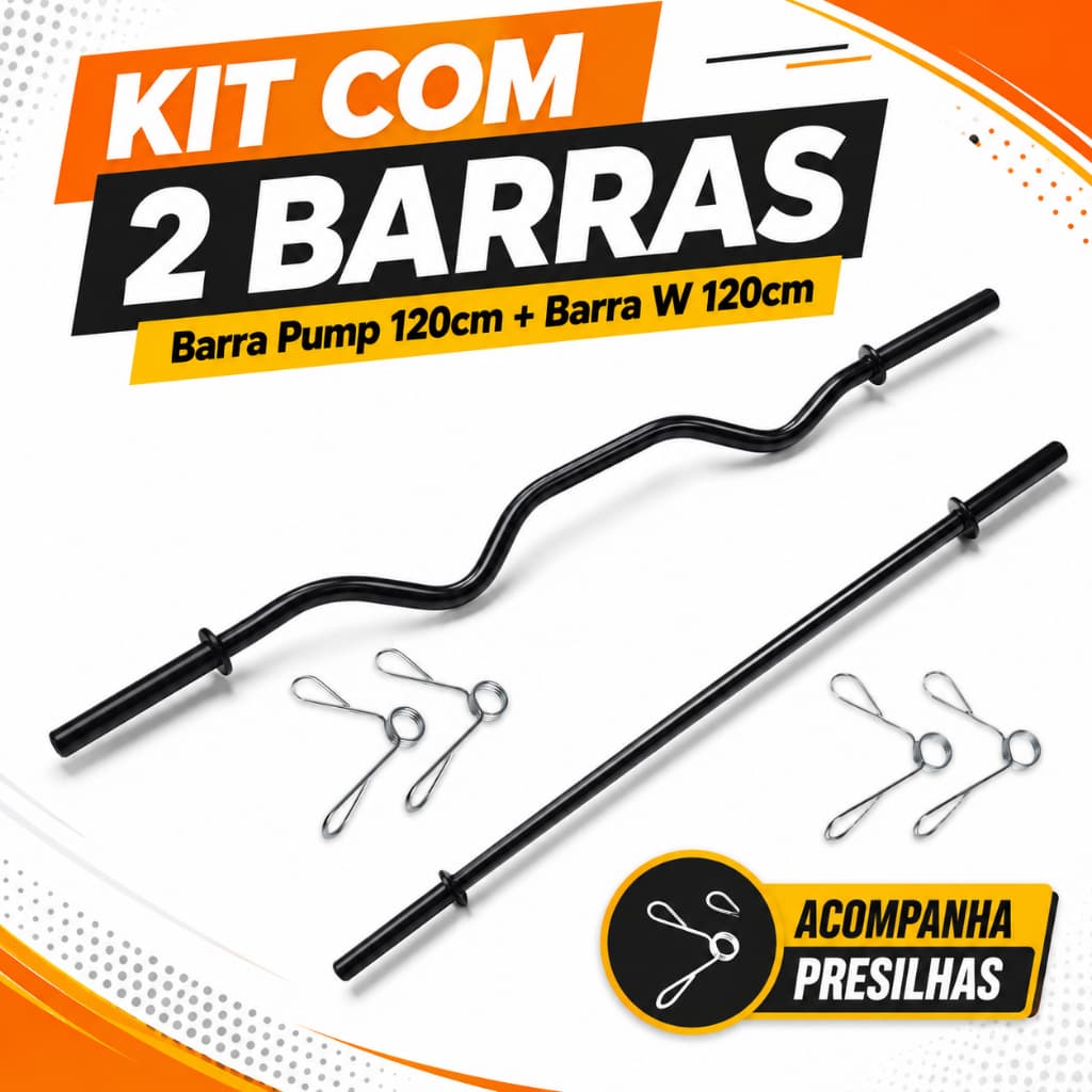 Kit Barras W Tubular Pump 120cm Presilhas Musculação Academia Agachamento Treino em Casa Fitness