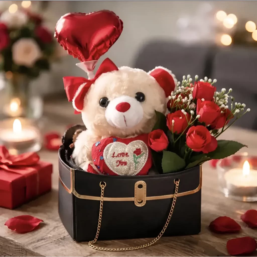 Cesta de Chocolate Presente com Pelúcia Rosas Chocolate