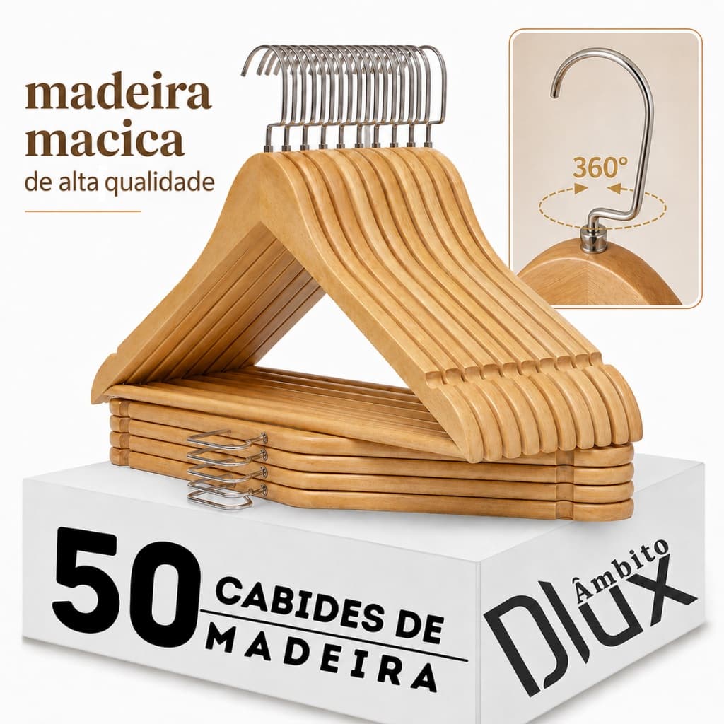 Ambito Dlux Kit 50 Cabides de Madeira Maciça Premium 3D Curvo Gancho 360° Antimarcas Roupa Closet