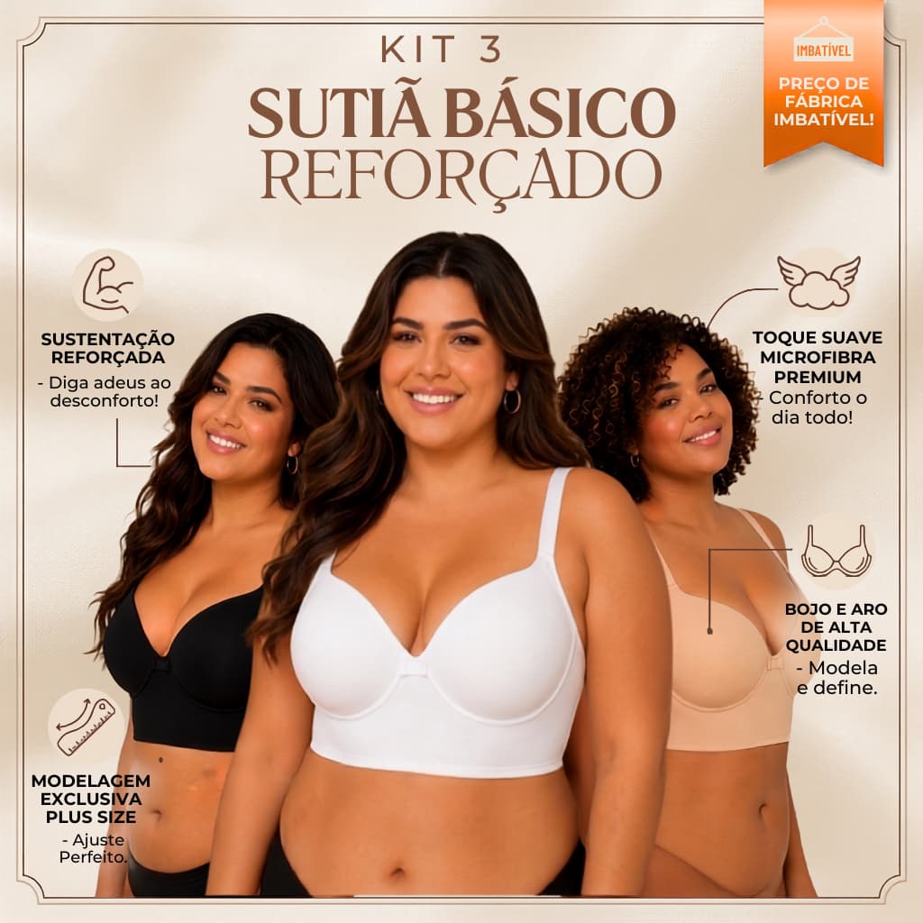 Kit 3 Sutiã Reforçado Basico Sustentação Microfibra Premium Direto de Fábrica Bojo e Aro Plus size