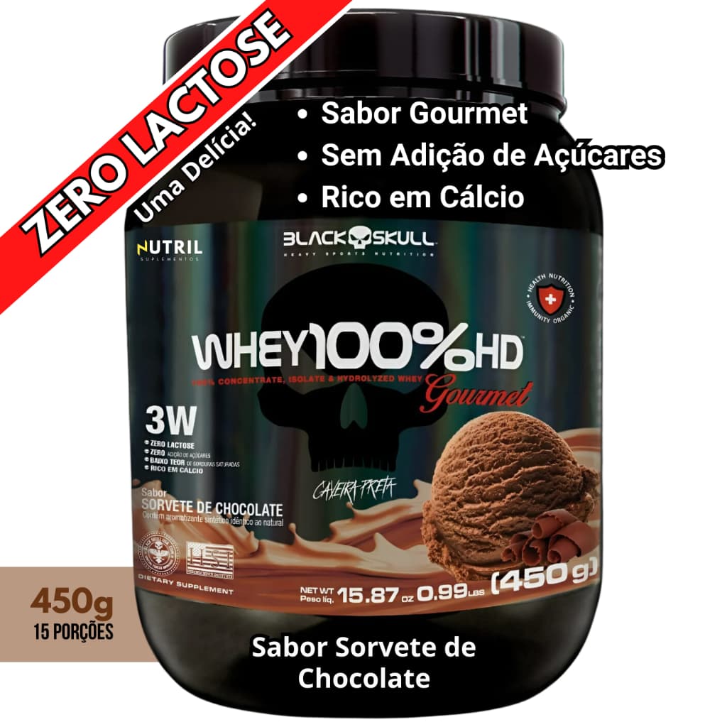 Whey Protein 100% HD Pote GOURMET 450g Pure Concentrado Isolado Hidrolisado Black Skull