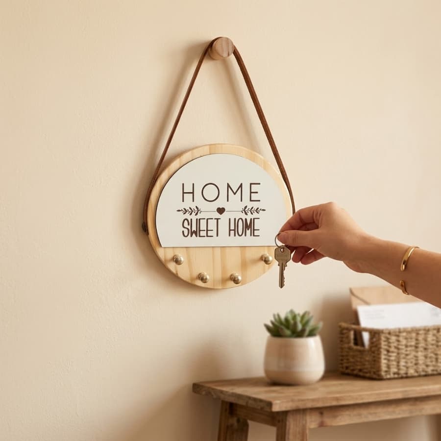 Porta Chaves De Parede em Madeira Pinos Envernizada Decorativo Premium com 4 Ganchos Resistente Decoração Casa