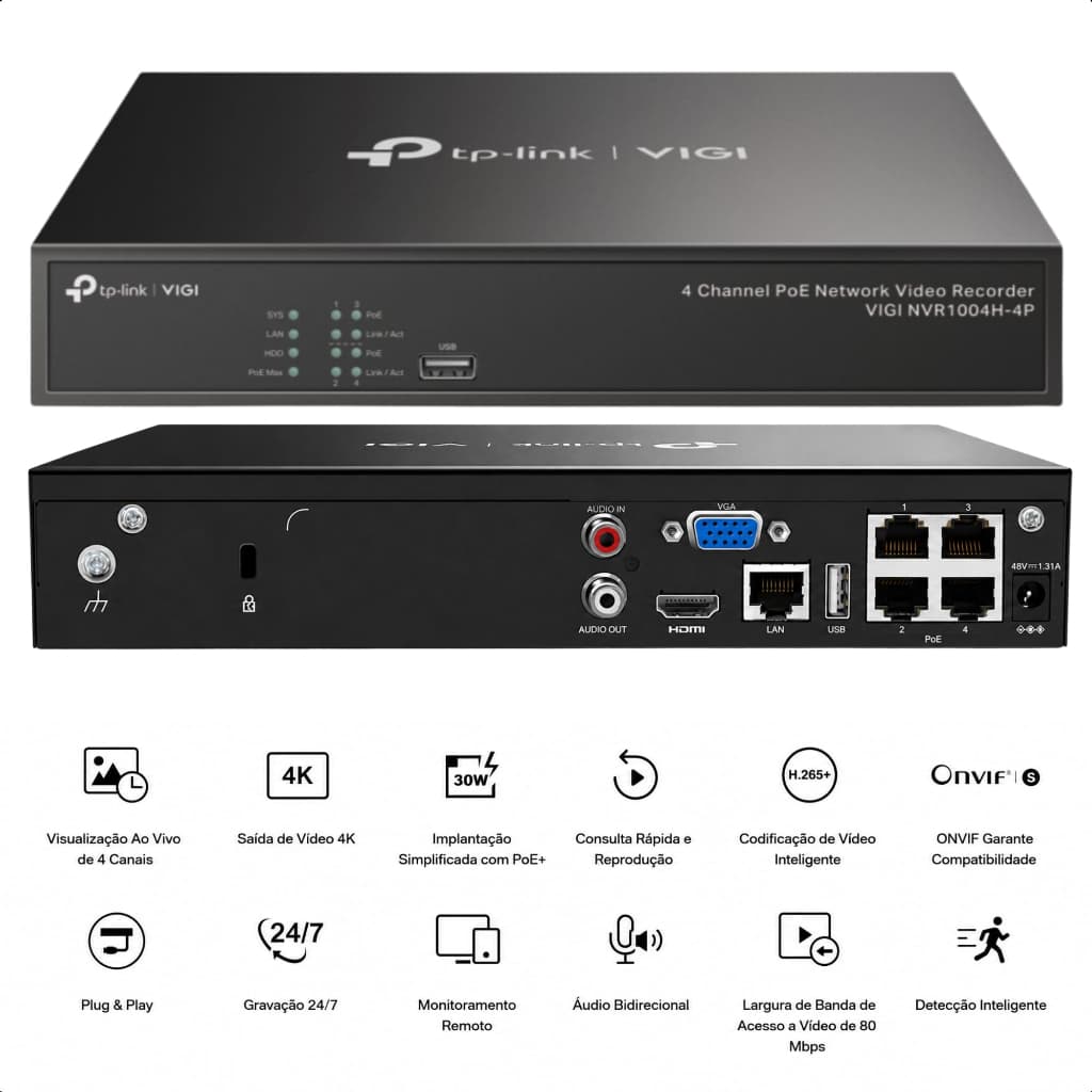 Gravador De Vídeo em Rede POE 4 Canais TP-Link VIGI NVR1004H-4P