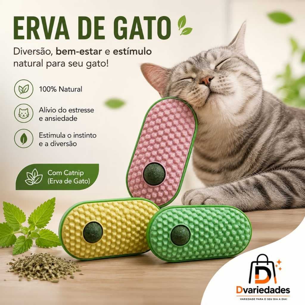 Escova Massageadora com Catnip Erva de Gato Brinquedo Interativo para Gatos
