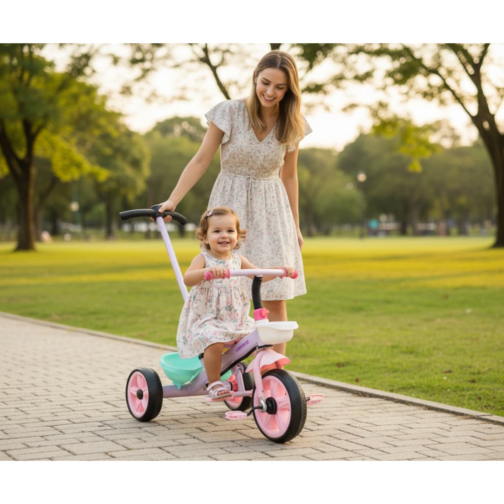 Triciclo  Motoca Infantil Azul ou Rosa 3 em 1 Com Pedal Empurrador Banco Cinto Segurança 2 Cestos