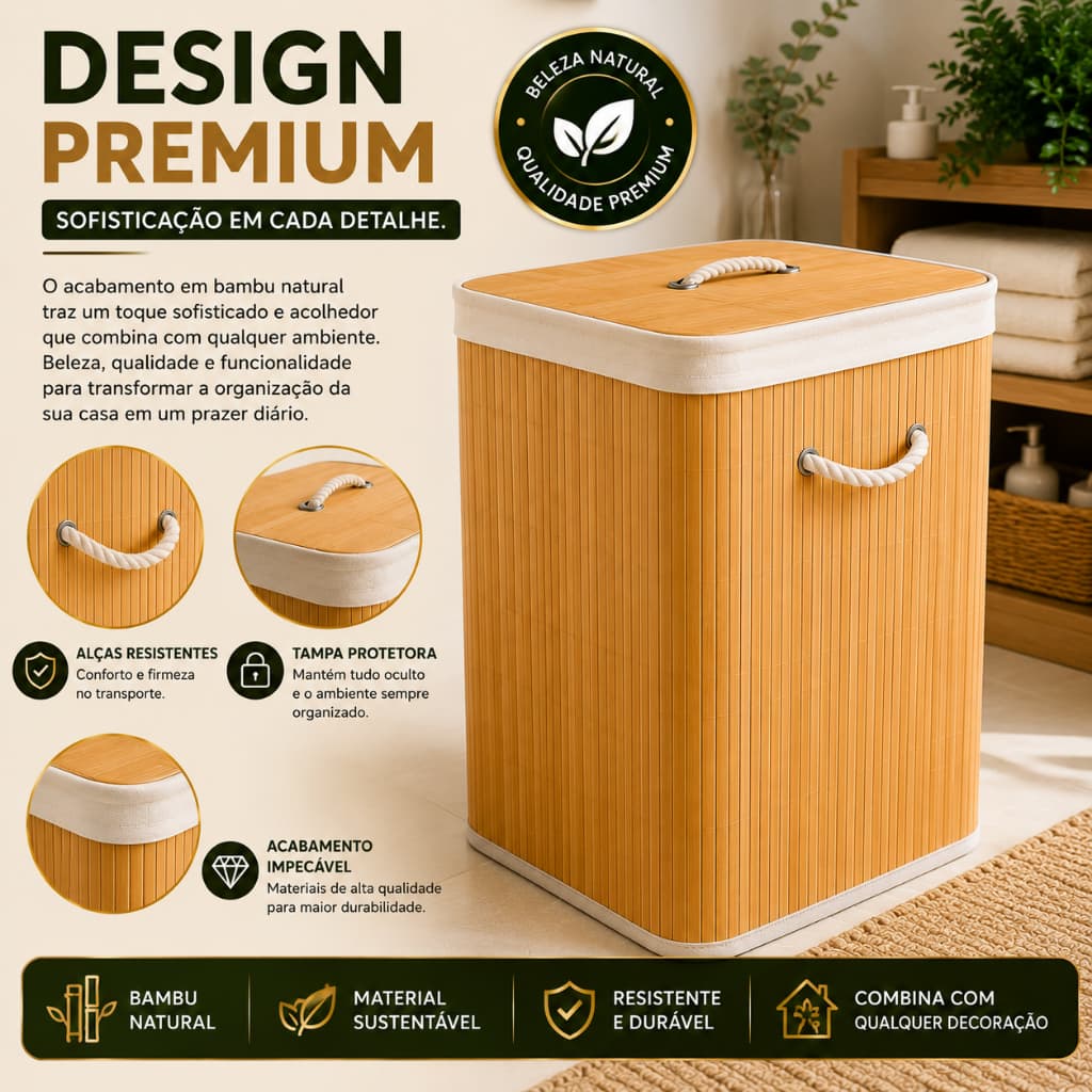 Cesto Organizador de Bambu 70L com Tampa e Alças Dobrável para Roupas Lavanderia Banheiro Decorativo