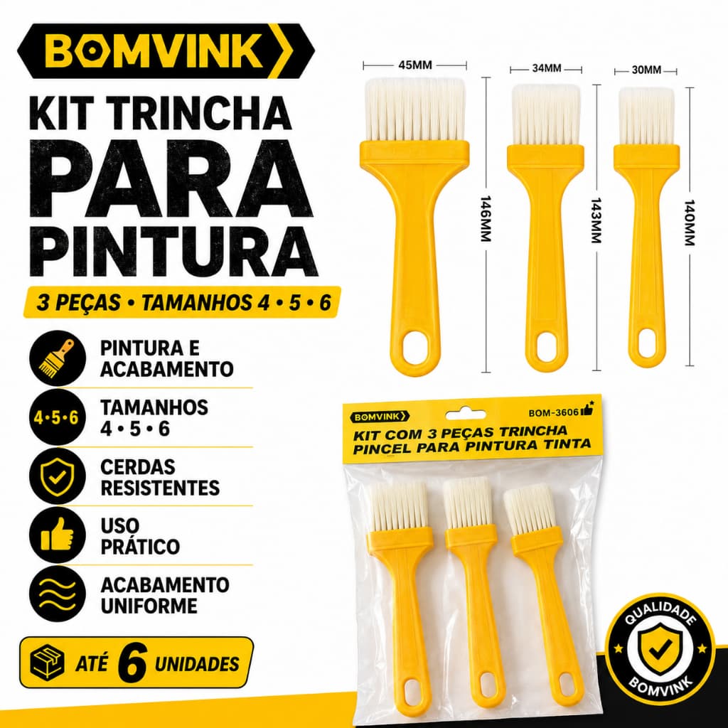 Kit Pincel Trincha Pintura 3 ou 6 Unidades Tinta Parede Madeira Retoque Acabamento BOMVINK