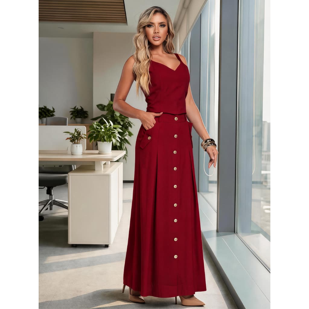 Conjunto Feminino Com Saia Longa, Regata Com Elástico Nas Costas Bolso E Elegante Casamento Casual