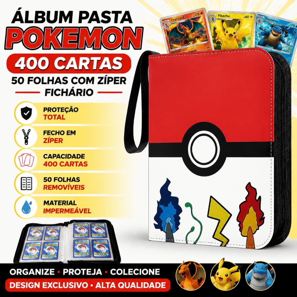 Álbum Pasta Pokémon TCG Charizard Blastoise 400 Cartas 50 Folhas Fichário Com Zíper