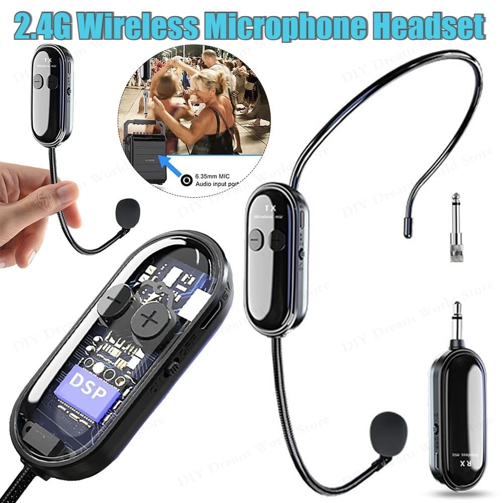 Kit Microfone de Cabeça Sem Fio Headset 2.4GHz -Transmissor + Receptor-Para Aula, Apresentações, Academia,Alta Qualidade