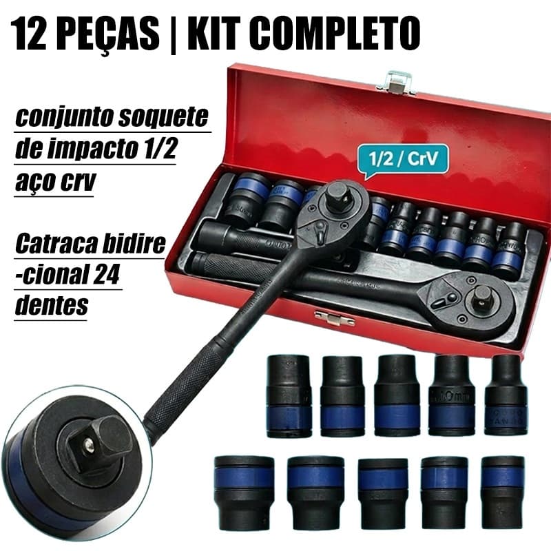 Jogo de Soquete 1/2 Aço CrV JUMLEE 10 Tamanhos 8-24mm Chave Catraca 24 Dentes com Maleta Metálica Vermelha