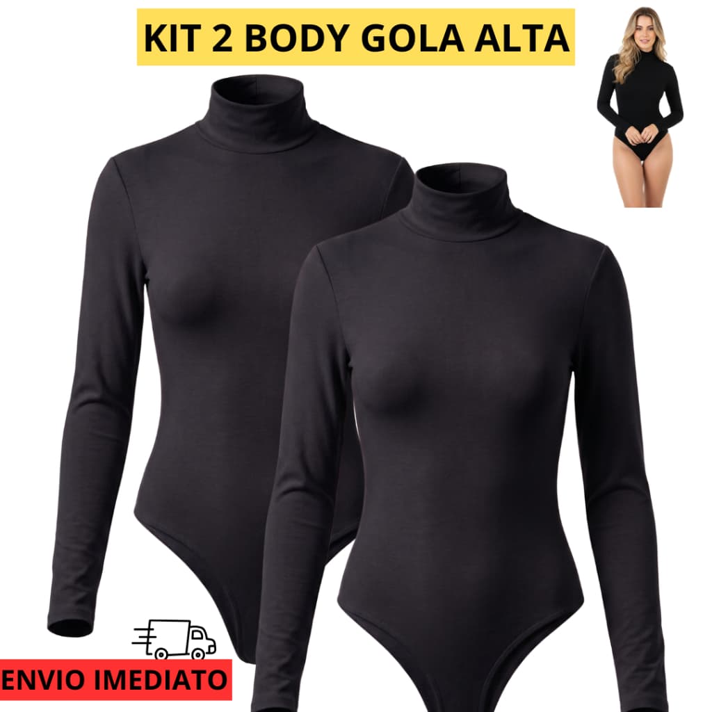 Kit 2 Body Feminino Gola Alta Cacharrel Maga Longa Suplex Liso Collant Forro Duplo Sem Bojo Colado