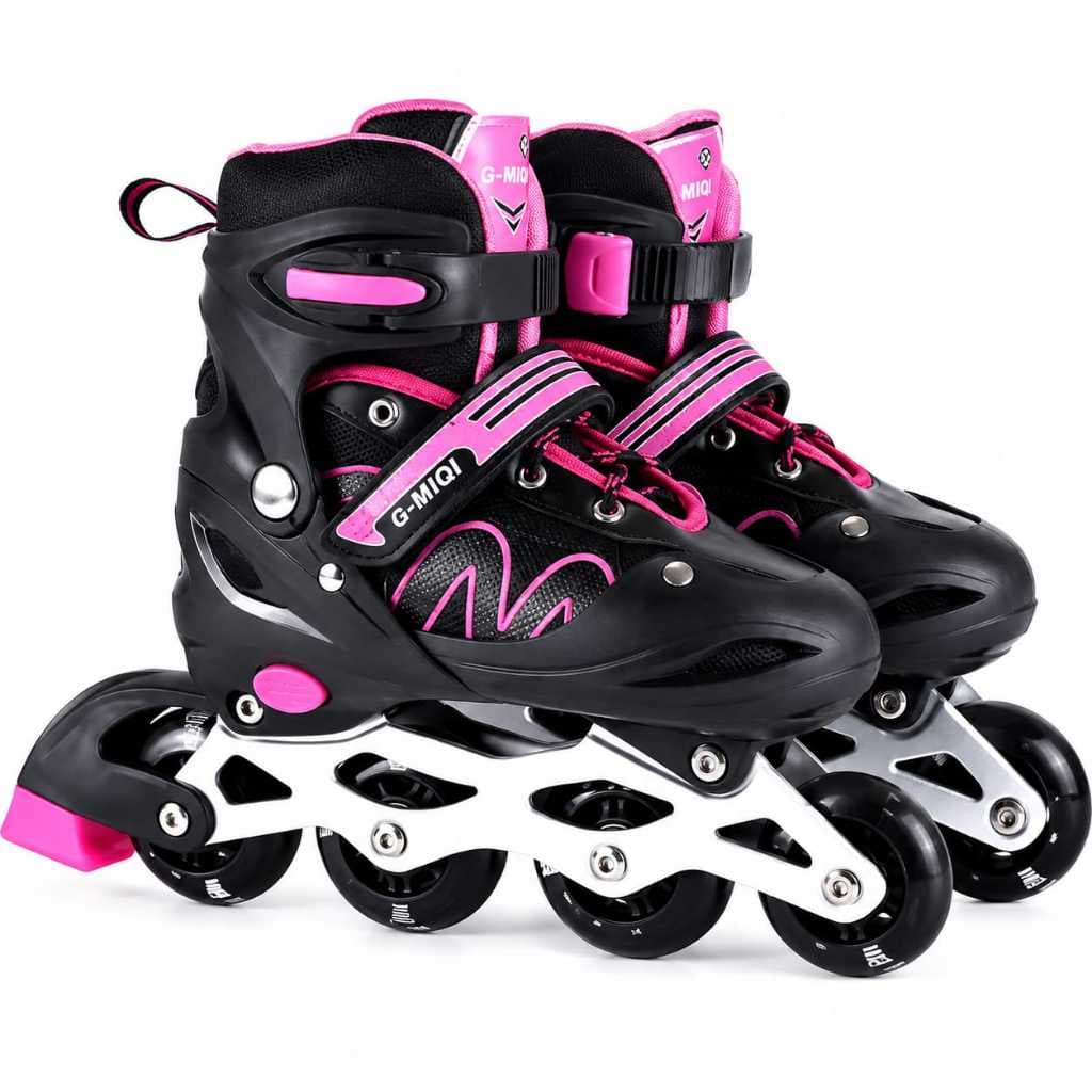 Patins Roller Infantil 4 Rodas  Inline Preto/Rosa Com Led NUMA RODINHA
