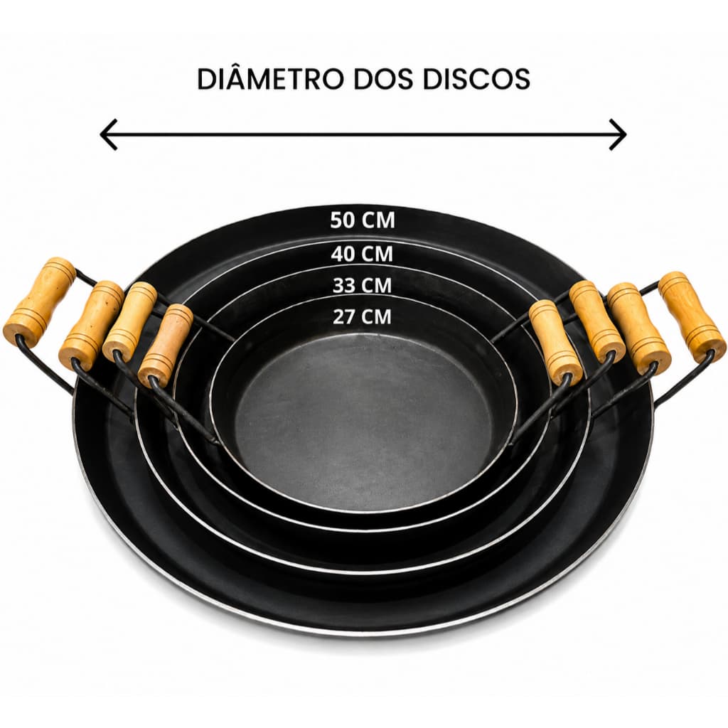 Disco de Arado Aço Reforçado 27 33 45 55 cm Chapa para Churrasco com Alças de Madeira Com e Sem Tampa