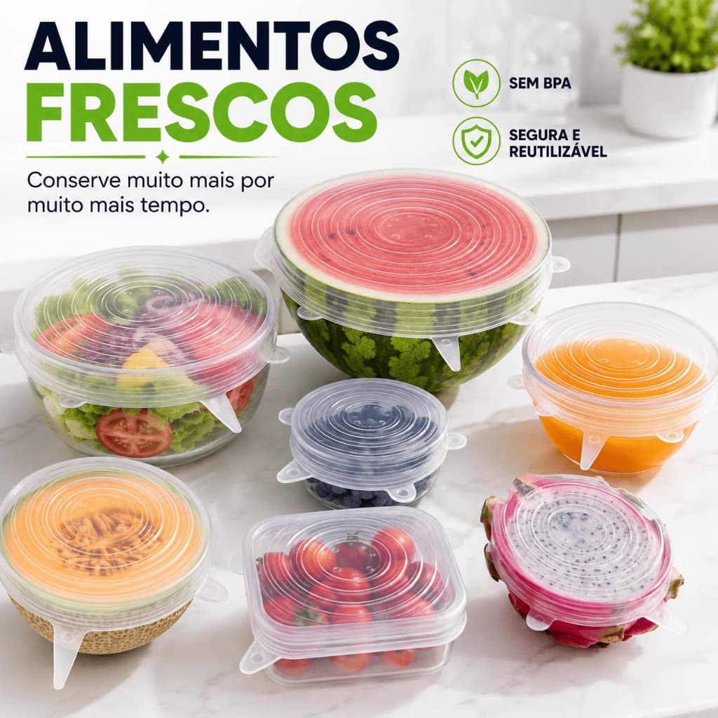Kit 6 Tampas de Silicone Reutilizáveis Vedação Hermética para Potes Frutas Livre BPA