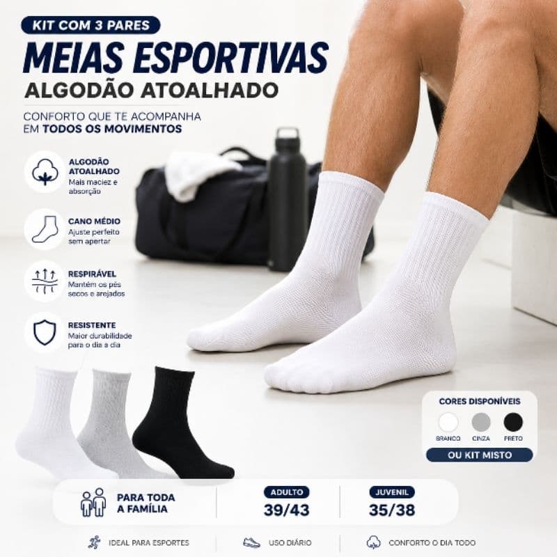 12/6/3 Pares Meias De Algodão Atoalhado Cano Alto Esportiva Branca, Cinza ou Preta