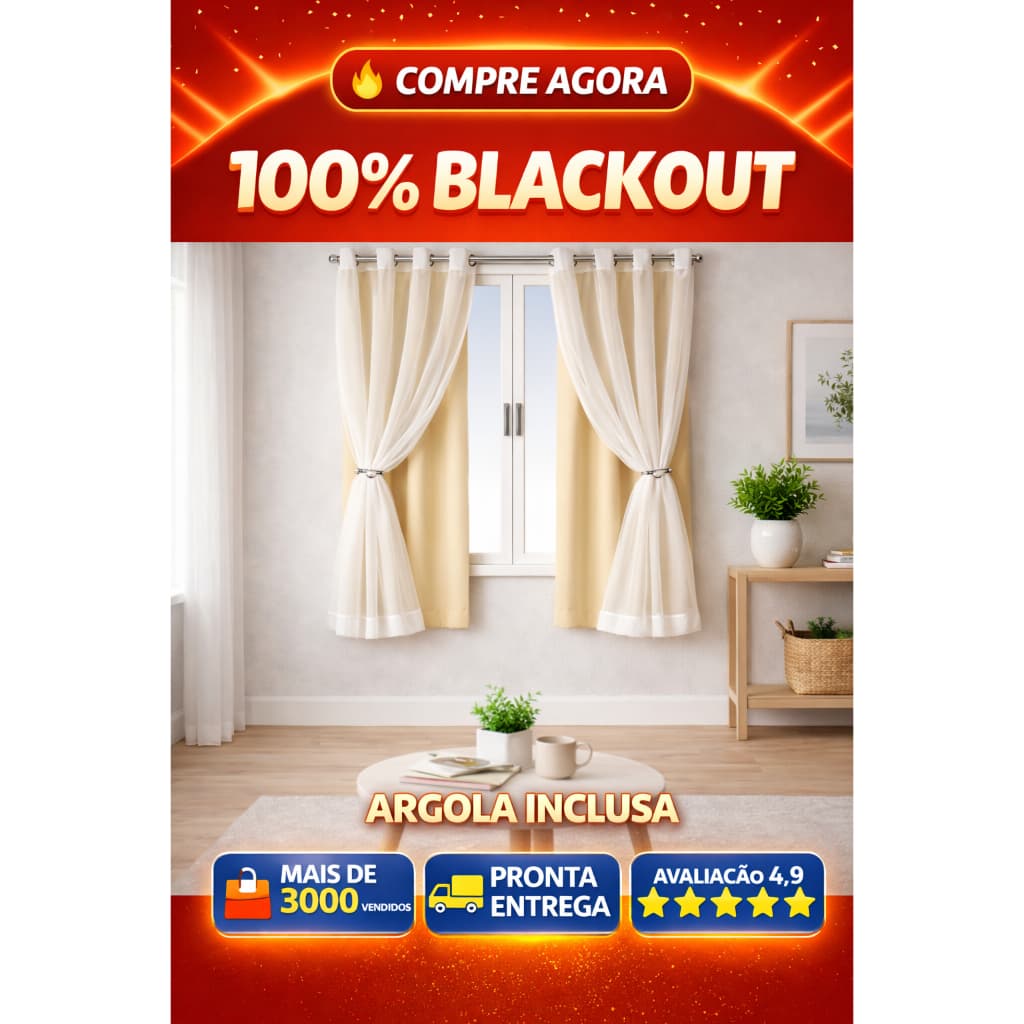 Cortina Janela Blackout PVC 100% veda a Luz 2,00x1,30 com VOIL LISO com Argola Pronta Entrega