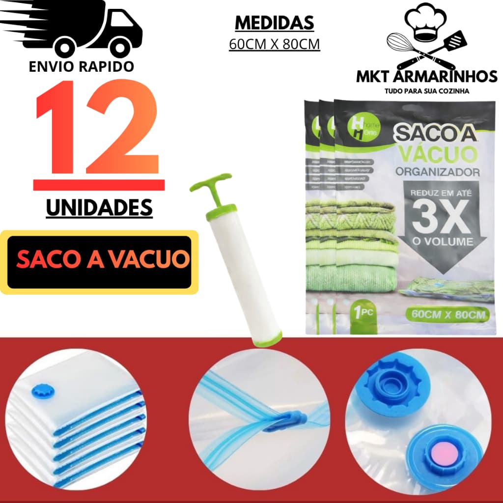 Kit 12 Sacos a Vácuo + Bomba  Organizador Roupa Edredom Cobertor + Bomba Manual 60x80cm Saco Vac Bag Economiza Espaço