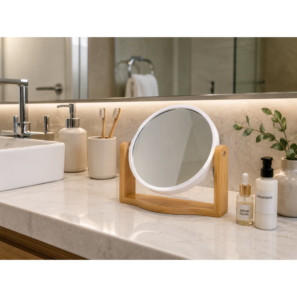 Espelho De Mesa Bambu Redondo Ajustável Maquiagem Banheiro Mesa & Lavabo