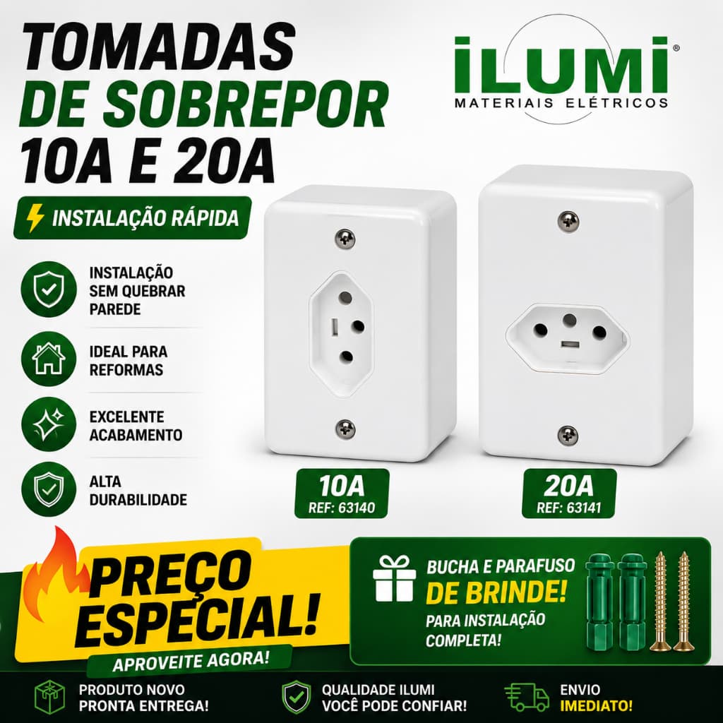 Tomada Sobrepor Ilumi 10A 20A Sistema X Externa Interna Caixa Sobreposta Com Bucha e Parafuso