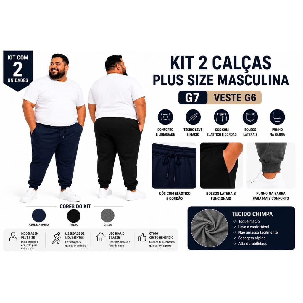 Kit 2 Calças Plus Size Masculina G7 Tecido Chimpa Com Punho