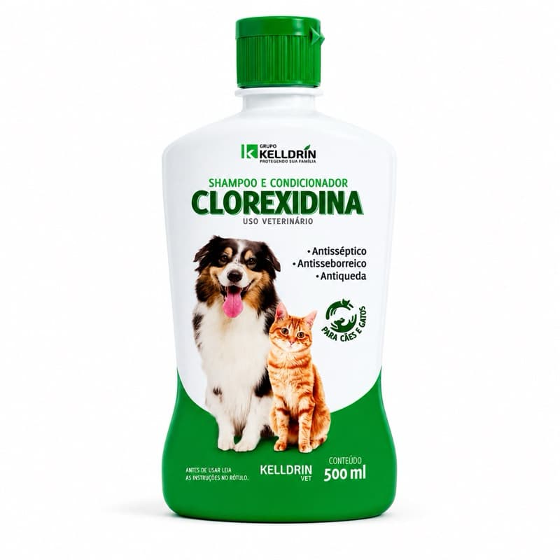 Shampoo Clorexidina Kelldrin Vet 500ml Antisséptico para Cães e Gatos Original Dermatológico