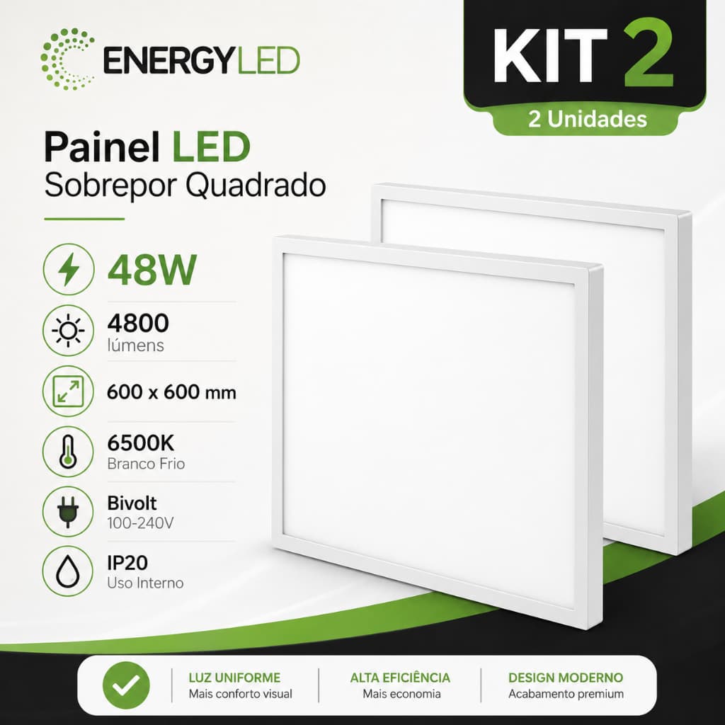 Painel Plafon LED Sobrepor 60x60 48W EnergyLED Frio Bivolt Kits De Teto Quadrado