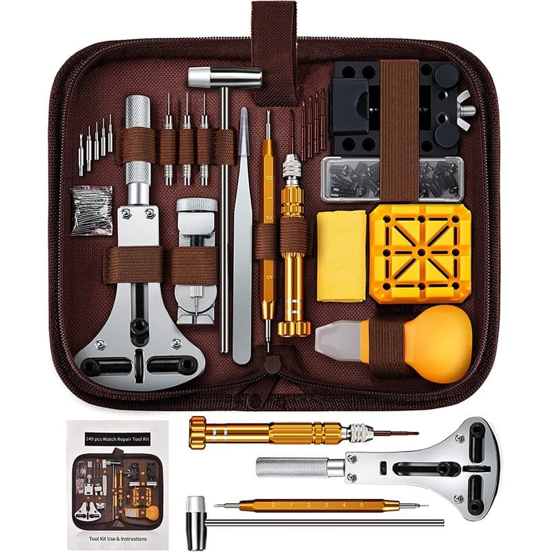 Kit relojoeiro 149 peças para reparo - Abridor de tampa, removedor de elos, pinça, estojo incluso