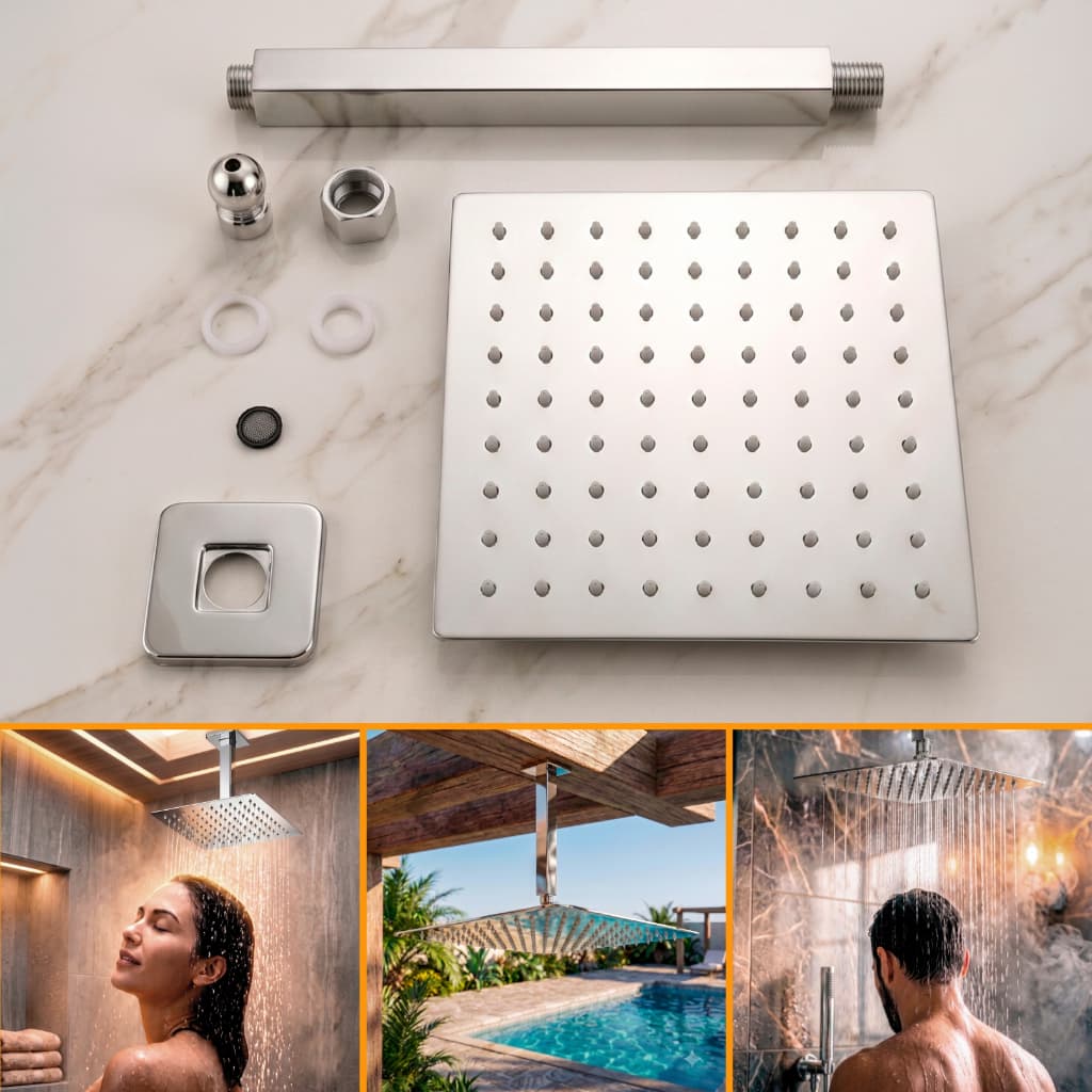 Chuveiro 20x20 Ducha Inox Quadrada Furos de Silicone Com Braço De 25cm De Teto