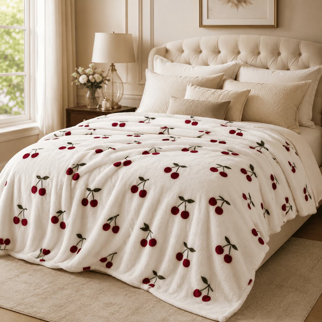 Cobertor Manta Queen Flannel Soft 2,20 x 2,40 Luxo Estampa Cerejas