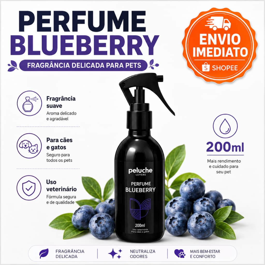Perfume Pet Blueberry Peluche Premium para Cães e Gatos Alta Fixação