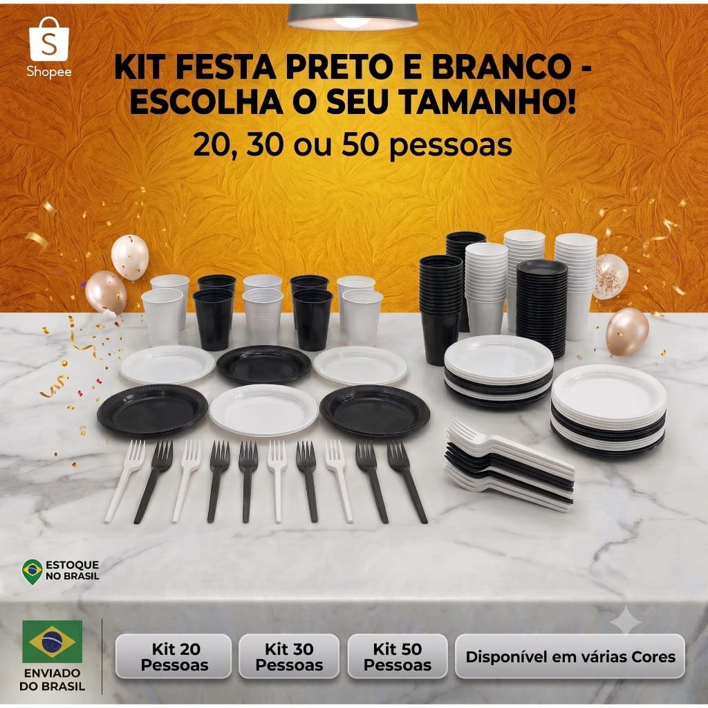 Kit Festa Corinthians Descartável Pratinhos + Garfinhos + Copos Preto e Branco 20/30/50 pessoas
