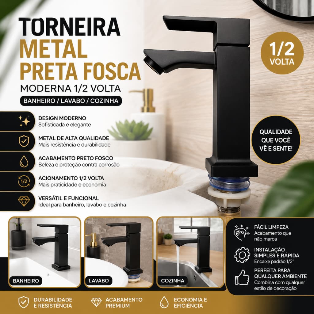 TORNEIRA METAL PRETO LUXO FOSCA MODERNA 1/2 VOLTA – BANHEIRO / LAVABO / COZINHA