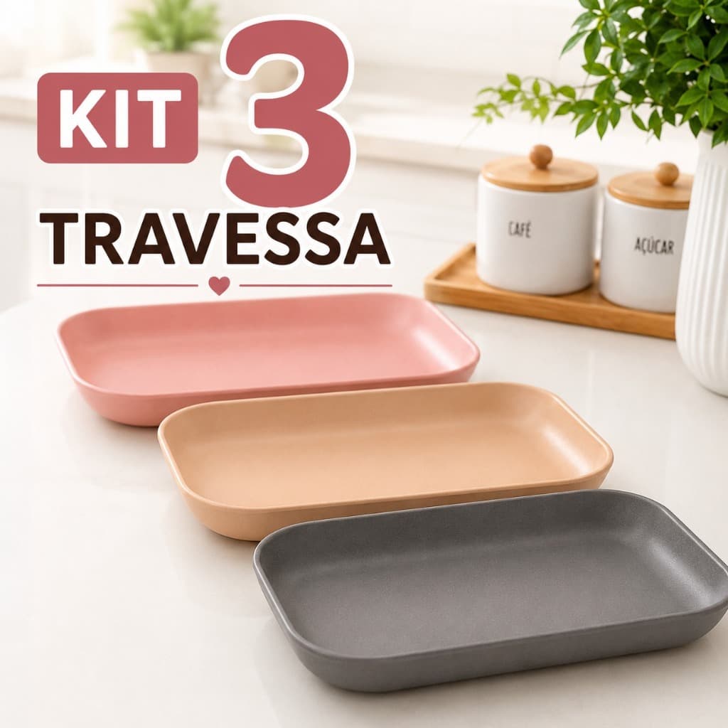 Kit 3 Bandejas Multiuso Fibra de Bambu Frutas Petiscos Café da Manhã