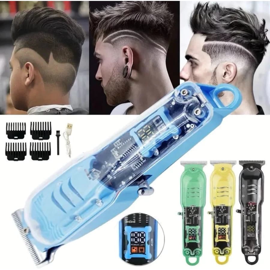 Cortador de Cabelo Profissional Sem Fio com Display LCD Inteligente e Barbeador Transparente para Homens