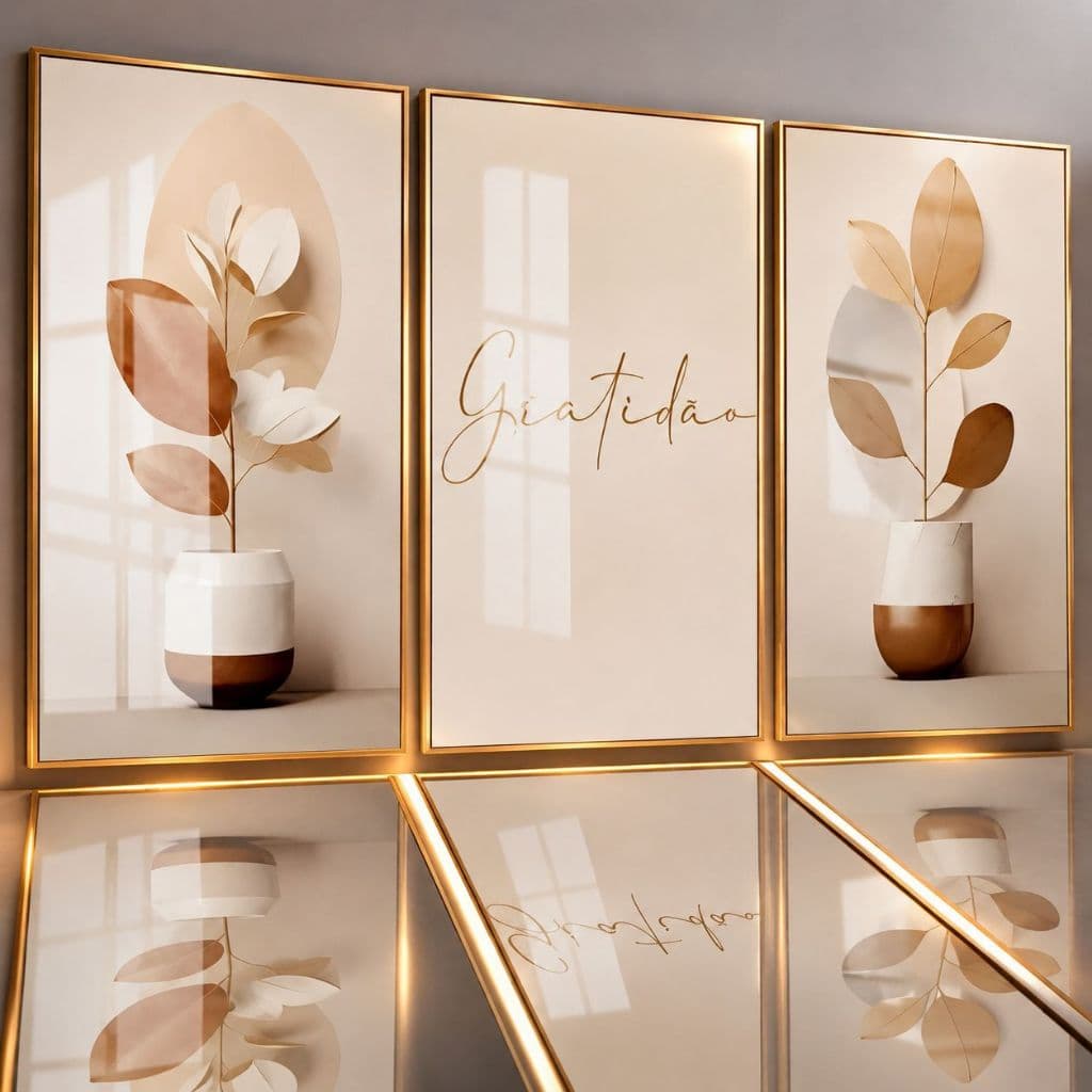Quadro Decorativo Folhagem Folhas Vaso Gratidão Neutro