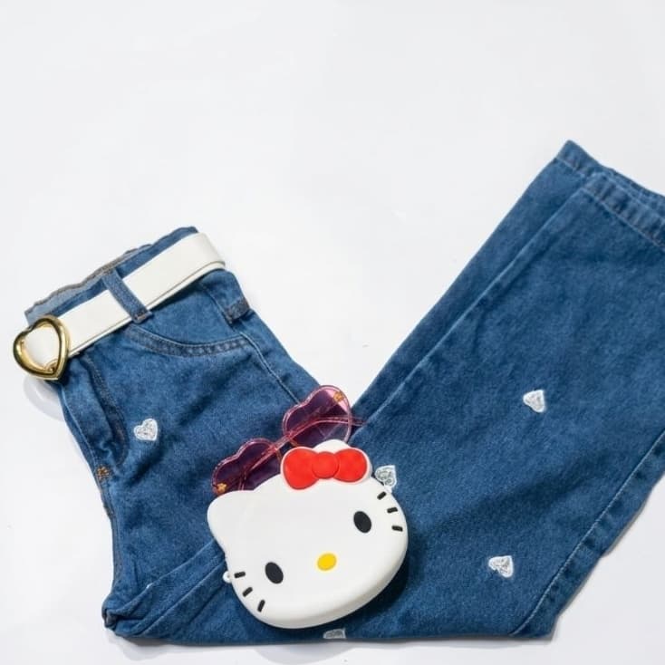 Calça jeans wide leg  menina Infantil e Juvenil Com Cinto  4 ao 12 coração branco  tendencia verão inverno