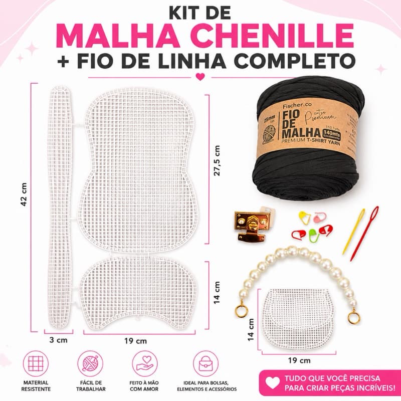Kit Malha Chenille para Bolsa + Fio de Malha Completo com Alça e Fecho para bolsa - vários modelos