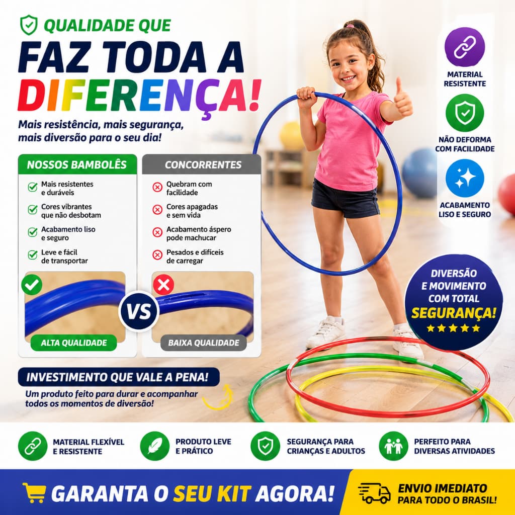 Kit Bambolê Infantil Colorido 65cm - 1 | 2 ou 4 Unidades | Arco para Exercícios, Brincadeira e Recreação
