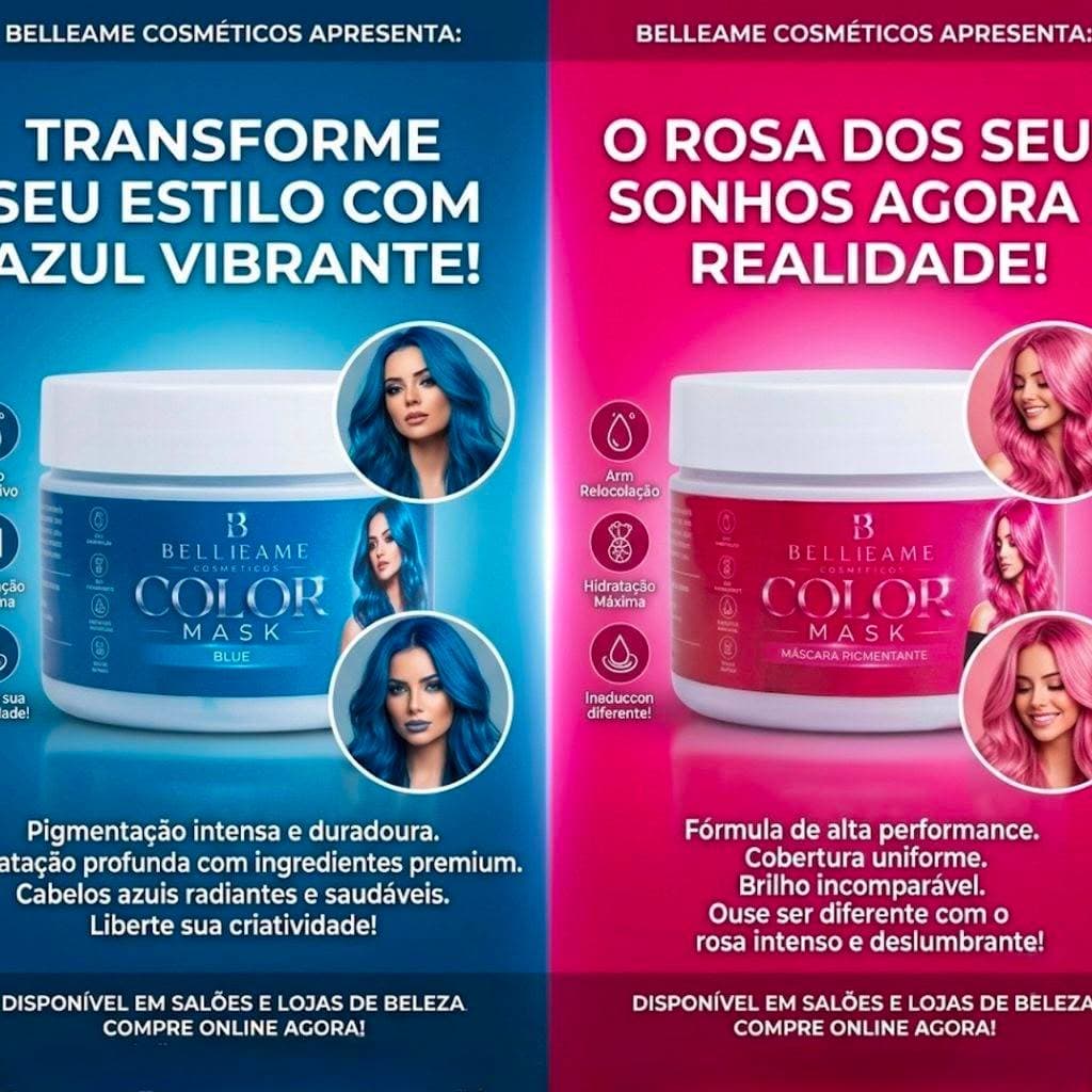 Combo Tonalizante Rosa e Azul Belleame - Cabelos e Mechas Coloridas Alta Pigmentação - Sem amônia