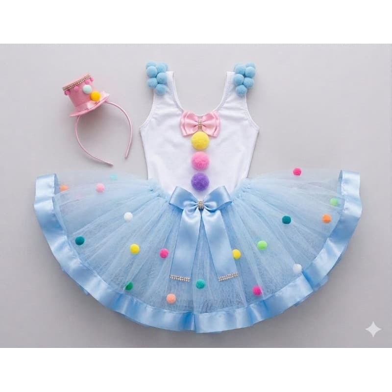 Fantasia Circo Rosa Luxo Infantil - Vestido Palhacinha Candy Colors Completo Com Saia Tutu E Pompons Para Aniversário