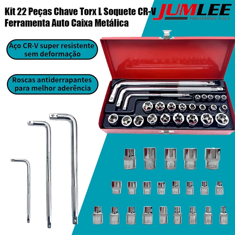 Jogo de Soquetes E-Torx Fêmea 25 Peças Aço CR-V com 3 Chaves L Profissional para Manutenção Automotiva