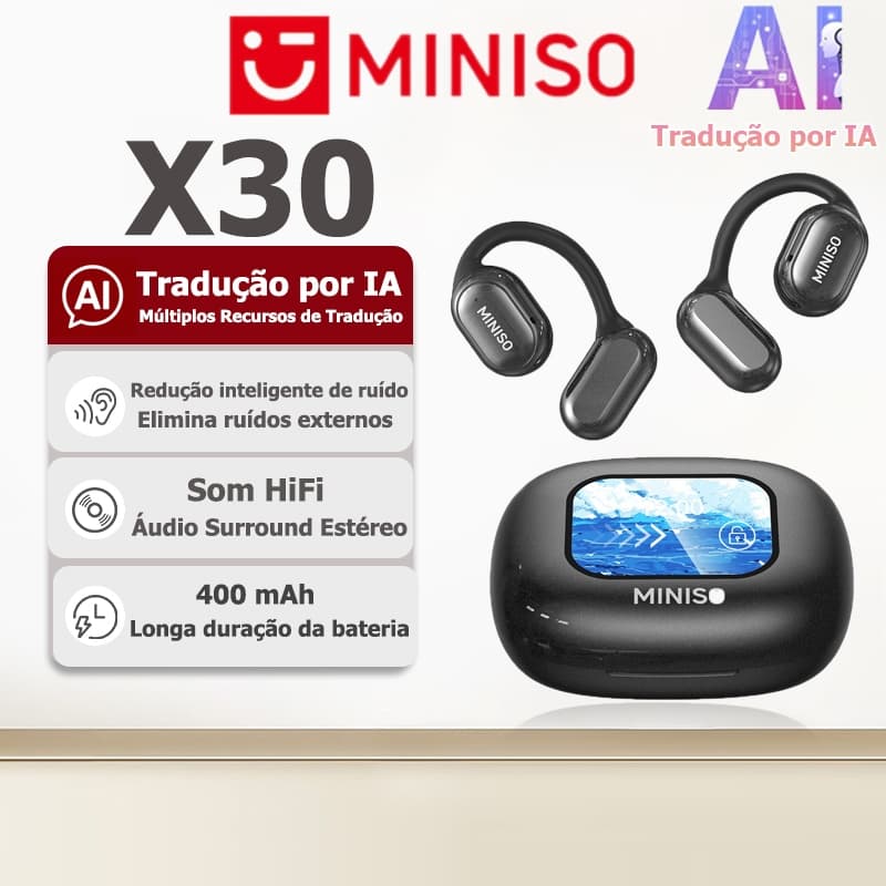 Fone Bluetooth de tradução IA MINISO X30 fone sem fio multifuncional, som HiFi, cancelamento de ruído inteligente e res